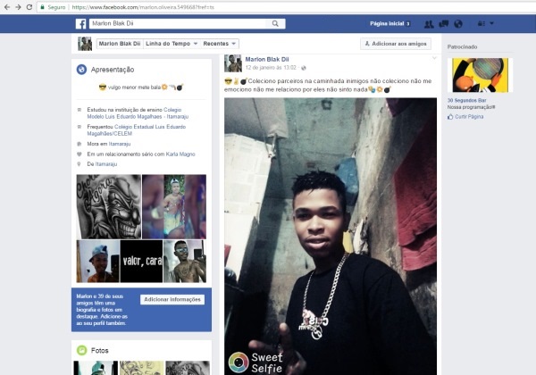 Detento de Itamaraju possui perfil no Facebook onde posta momentos no presídio