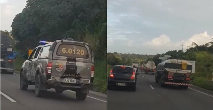 Vídeo: carretas são escoltadas pela polícia na BR-324 para abastecer postos de combustíveis em Salvador