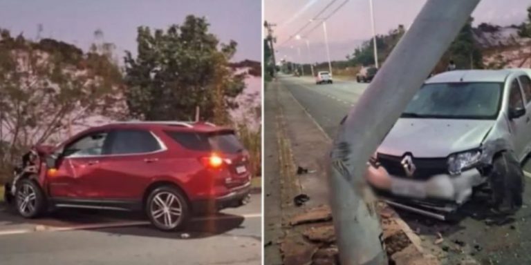 Carro derruba poste após acidente na avenida Mãe Stella de Oxóssi, em Salvador