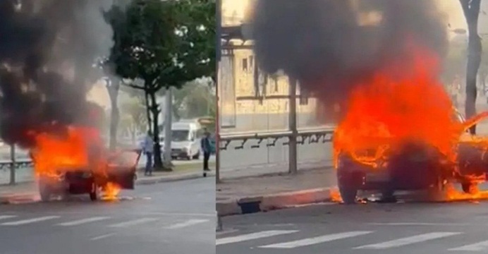 Carro pega fogo no bairro do Comércio em Salvador